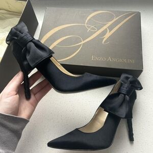 Enzo Angiolini Black Satin Bow Pointed Toe Heels